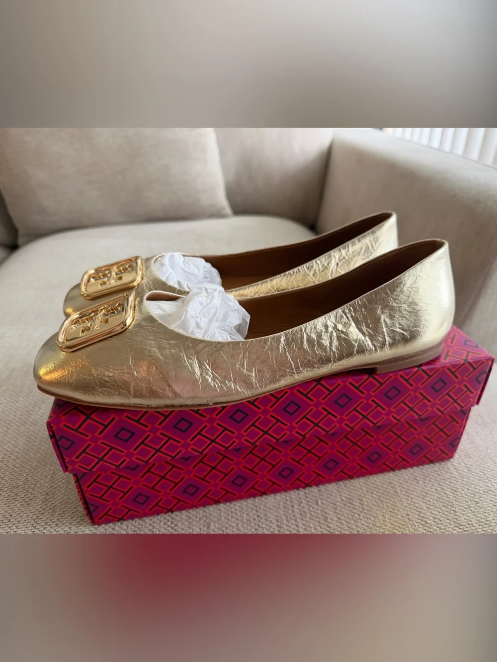 Tory Burch Georgia ballet Metallic Gold Logo Square-Toe Flats